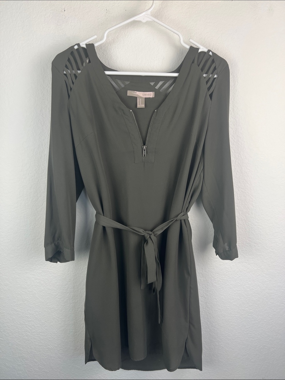 Forever 21 Olive Green Long Sleeve Tie-Waist Dress with Ladder Shoulder Cutouts